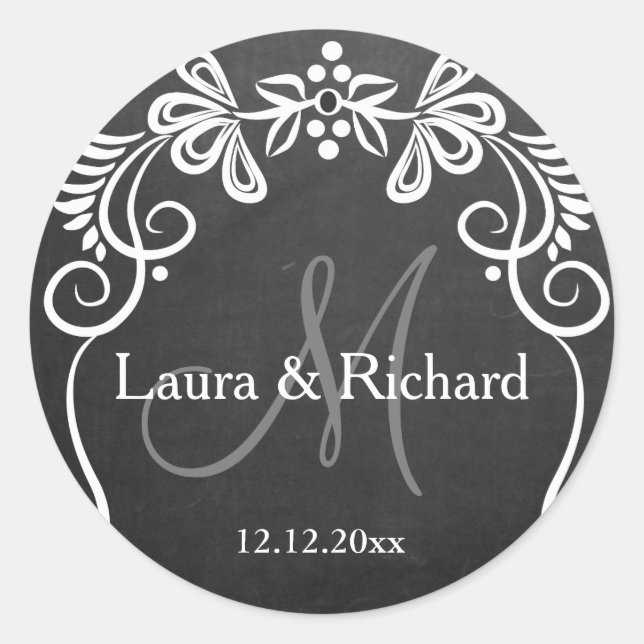 Personalized Chalkboard Wedding Monogram Classic Round Sticker (Front)