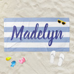 Personalized Chambray Blue Striped Script Name Beach Towel<br><div class="desc">Personalized beach towel design features custom text in modern royal purple blue script that can be personalized with a first or last name against a pattern of white stripes on a light chambray blue background. Colours and font style can be completely customized.</div>