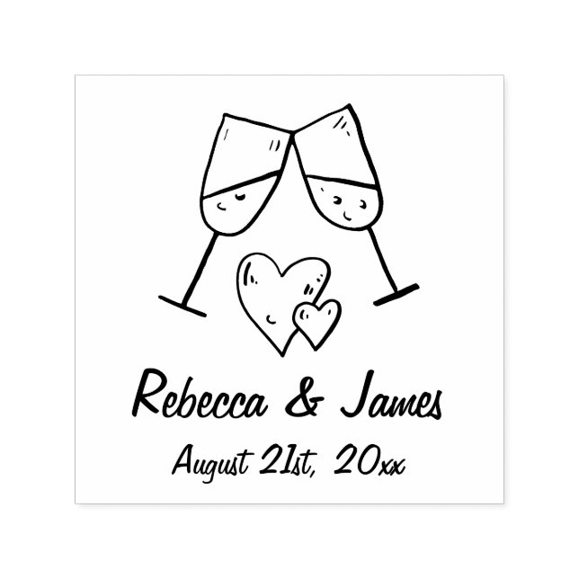 Personalized Champagne and Hearts Wedding Names Self-inking Stamp (Design)