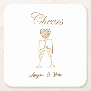 Personalized Champagne Glasses and Hearts Square Paper Coaster