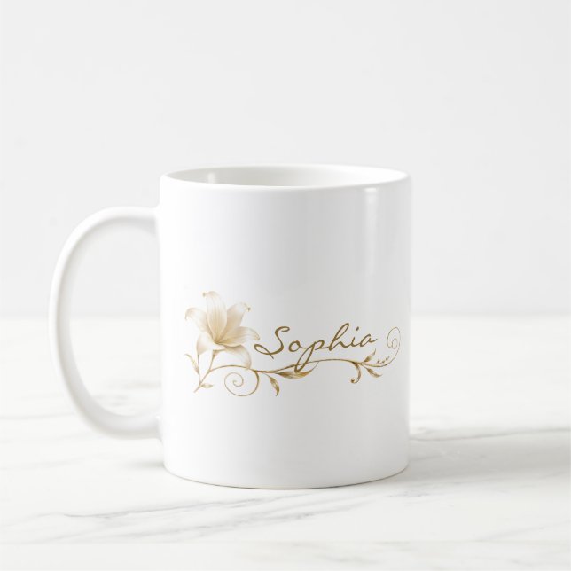 Personalized Champagne Gold Lily Name Mug (Left)