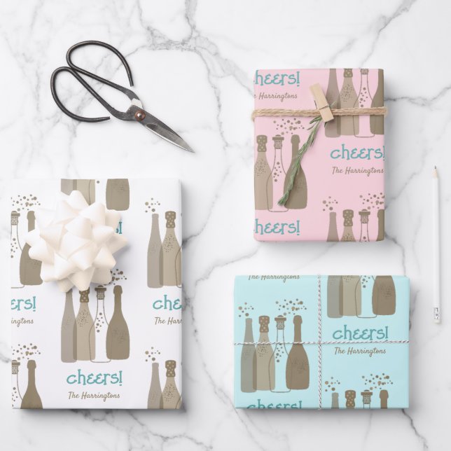 Personalized Champagne White Pink Aqua Retro Cool Wrapping Paper Sheet (Front)