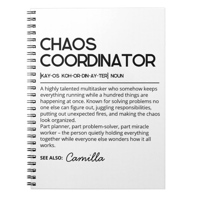 Personalized Chaos Coordinator Notebook, Funny Def Notebook (Front)