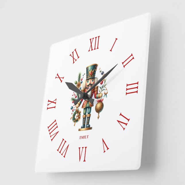 Personalized Charming Christmas Nutcracker Square Wall Clock (Angle)