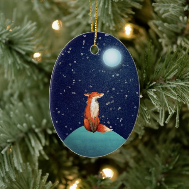 Personalized Charming Fox and Full Moon Christmas Ceramic Ornament (Tree)