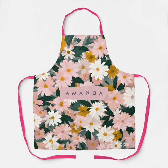 Personalized Charming Pink and White Daisy Flower Apron (Front)