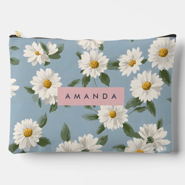 Personalized Charming White Daisies on Dusty Blue Accessory Pouch (Front)