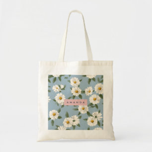 Personalized Charming White Daisies on Dusty Blue Tote Bag
