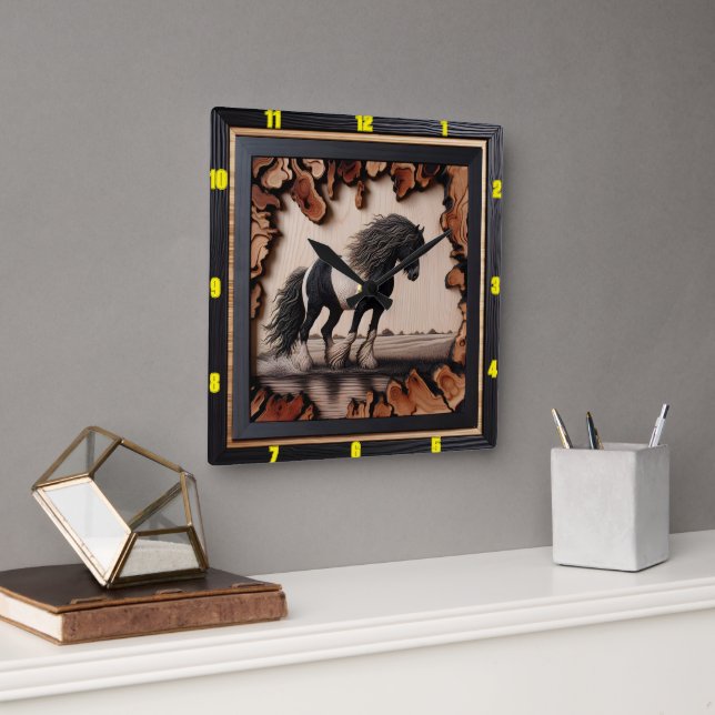 Personalized Charred Wood Gypsy Vanner Timepiece Square Wall Clock (Office)