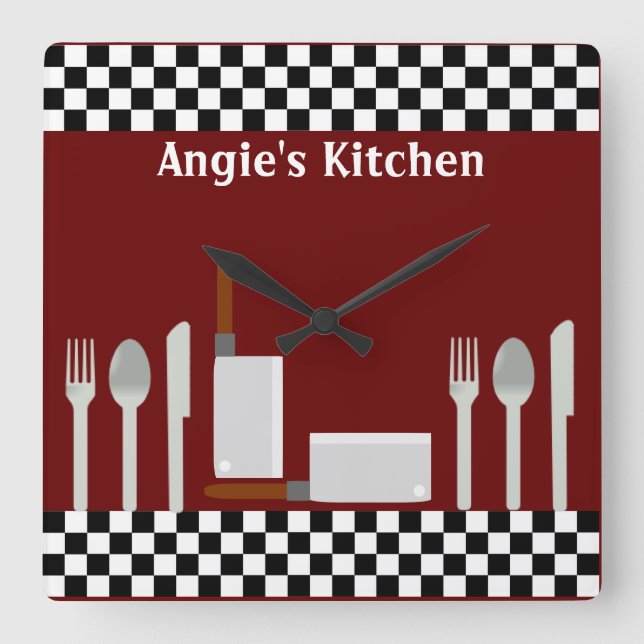Personalized Checkerboard Kitchen Utensils Clock (Front)