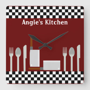 Personalized Checkerboard Kitchen Utensils Clock