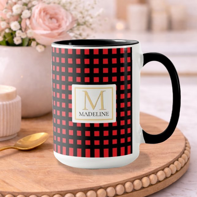 Personalized Checkered Name Mug Red Black Stripe (Créateur téléchargé)