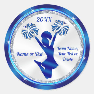 Personalized, Cheer Stickers, Blue, White, Silver Classic Round Sticker