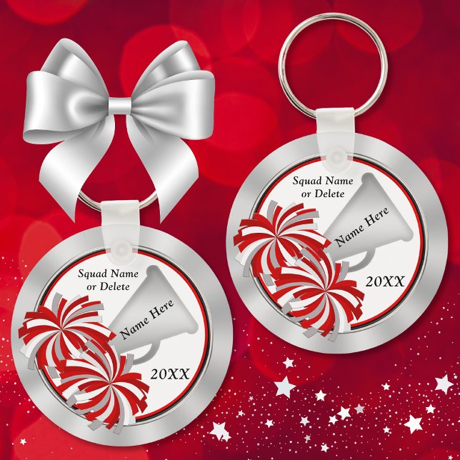 Personalized Cheerleader Gift ideas, Red and White Keychain (Personalized, Cheerleading gift ideas cheap. Cheerleader Keychains or  Cheer Bag Tags. Red, Silver.)