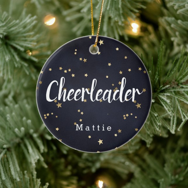Personalized Cheerleader Navy Blue and Gold Stars Ceramic Ornament (Tree)