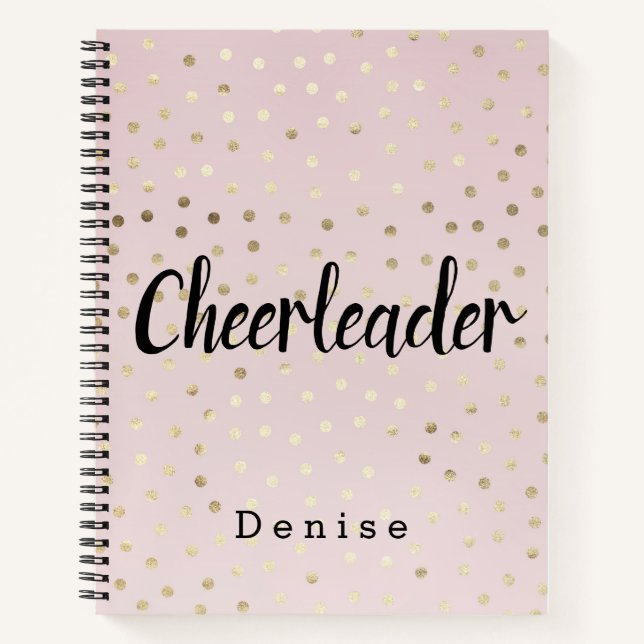 Personalized Cheerleader Pink and Gold Polka Dots Notebook (Front)
