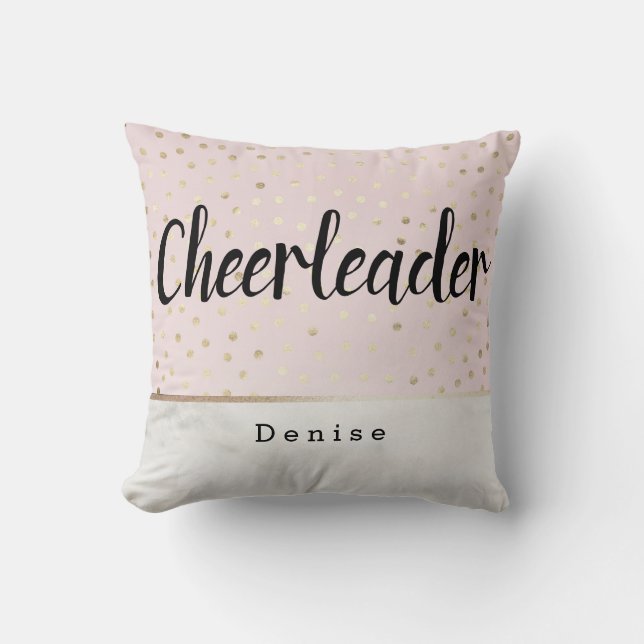 Personalized Cheerleader Pink Gold & Marble Dots Throw Pillow (Front)