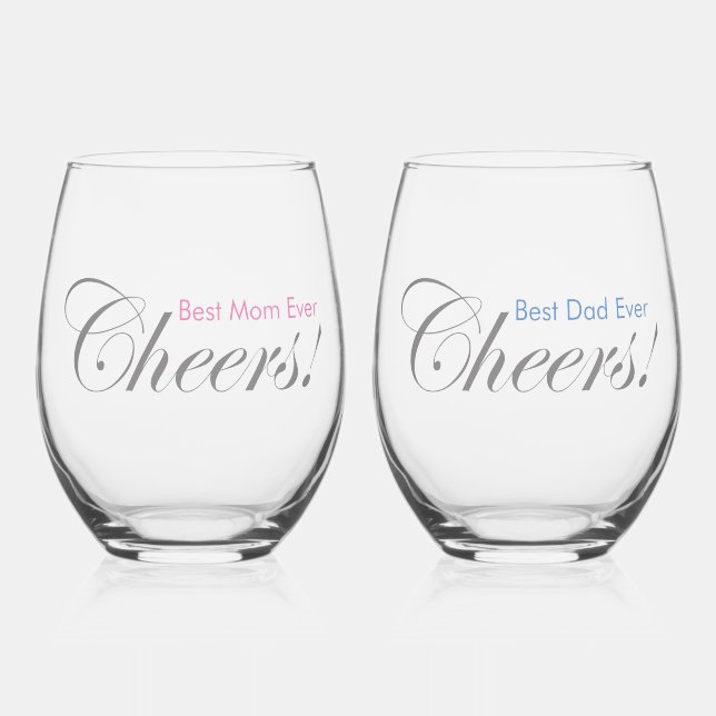 Personalized Cheers! Best Mom and Dad Ever Elegant Stemless Wine Glass (Front)