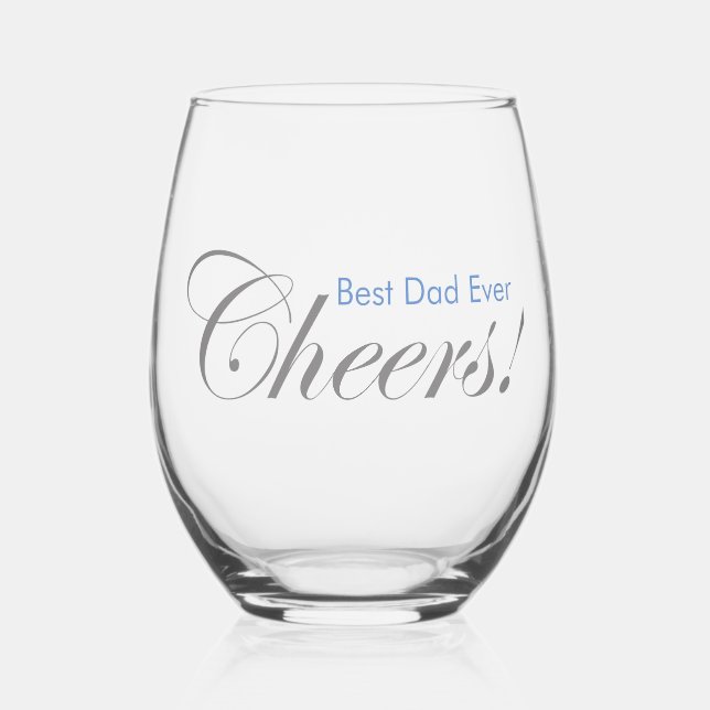 Personalized Cheers! Father's Day Silver Blue Stemless Wine Glass (Front)
