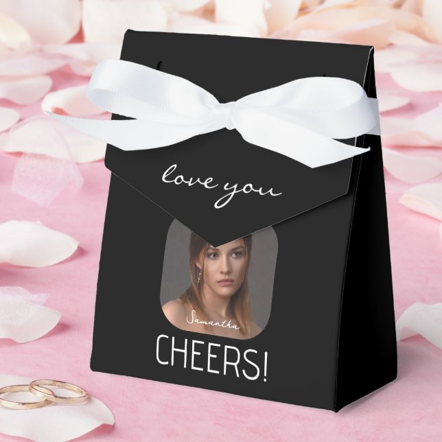 Personalized Cheers Photo Name Script Black  Favor Box (Wedding)