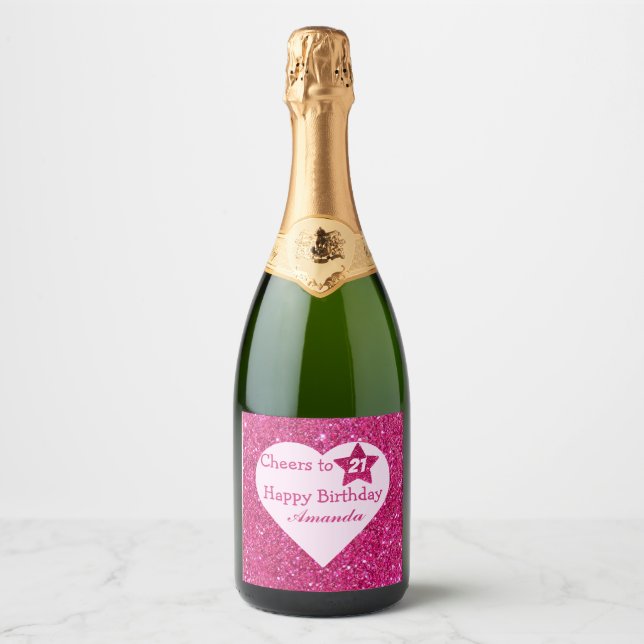 Personalized Cheers to 21st Birthday Pink Glitter  Sparkling Wine Label (Front)