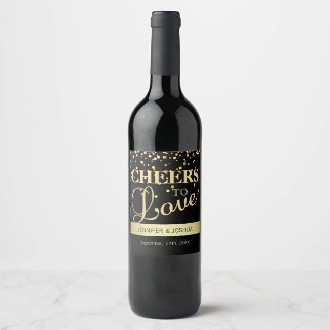 Personalized CHEERS TO LOVE Black Gold Wedding Wine Label (Front)