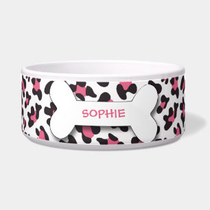 Personalized cheetah print dog bone pet food bowl