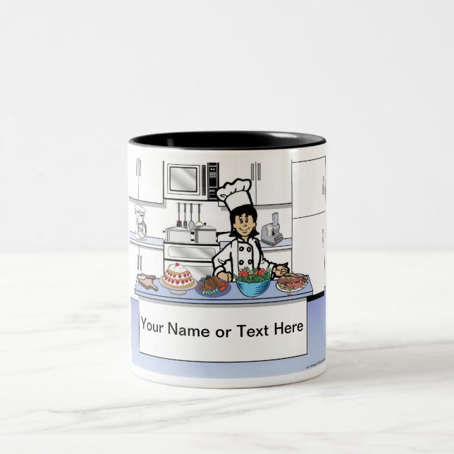 Personalized Chef, with hat - Female Cartoon Two-Tone Coffee Mug (Center)
