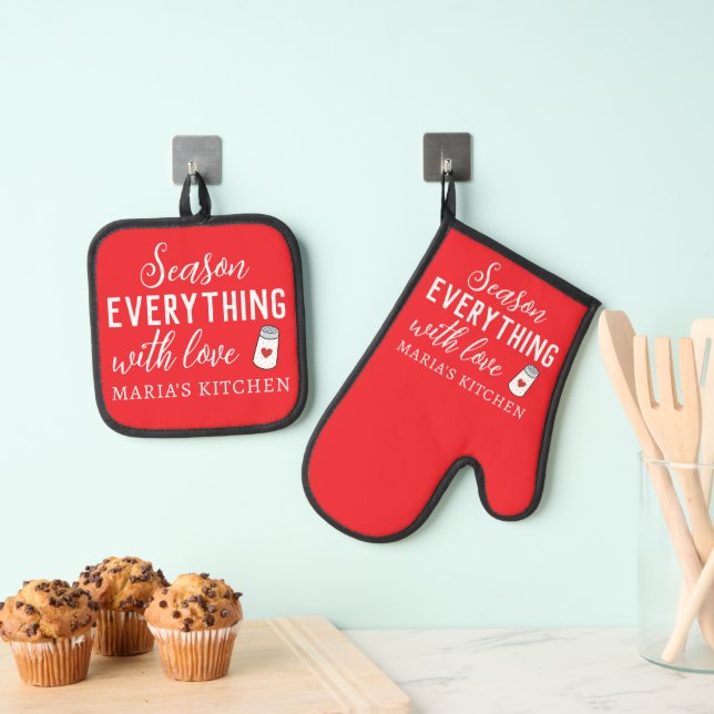 Personalized Chefs Name Salt Pot Red Colour White  Oven Mitt & Pot Holder Set (Insitu(Hanging))