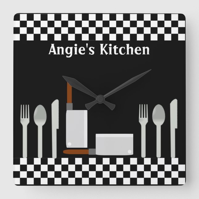 Personalized Chequerboard Kitchen Utensils Clock (Front)