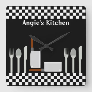 Personalized Chequerboard Kitchen Utensils Clock