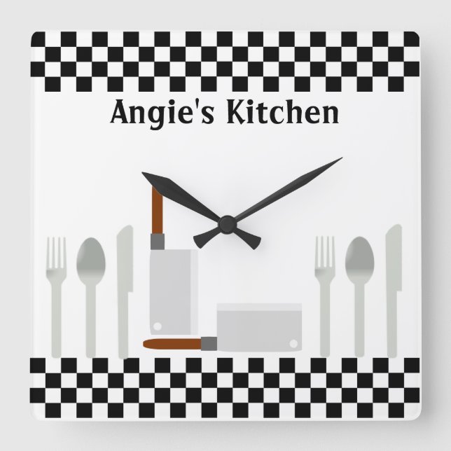 Personalized Chequerboard Kitchen Utensils Clock (Front)
