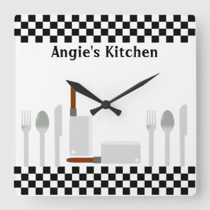 Personalized Chequerboard Kitchen Utensils Clock