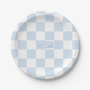 Personalized Chequered Baby Blue Shades Paper Plate