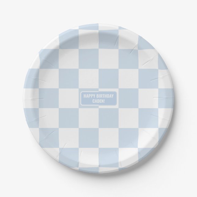 Personalized Chequered Baby Blue Shades Paper Plate (Front)