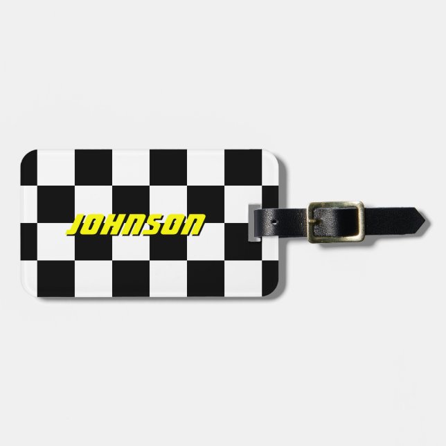 Personalized chequered flag travel luggage tag (Front Horizontal)