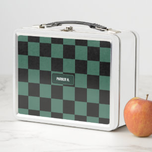 Personalized Chequered Green & Black Metal Lunch Box