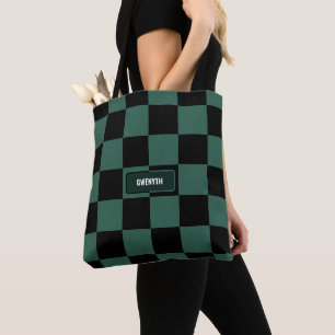 Personalized Chequered Green & Black Tote Bag