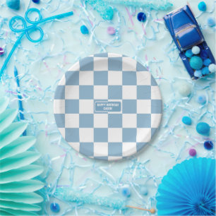 Personalized Chequered Iris Baby Blue Paper Plate