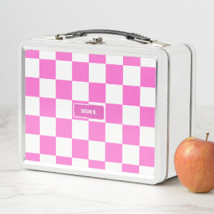 Personalized Chequered Neon Pink Highlighter Metal Lunch Box