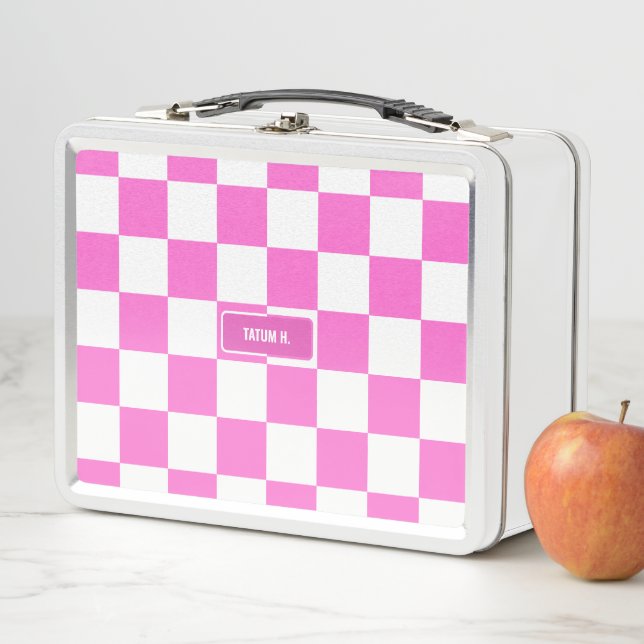 Personalized Chequered Neon Pink Highlighter Metal Lunch Box (In Situ)