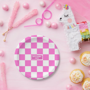 Personalized Chequered Neon Pink Highlighter Paper Plate