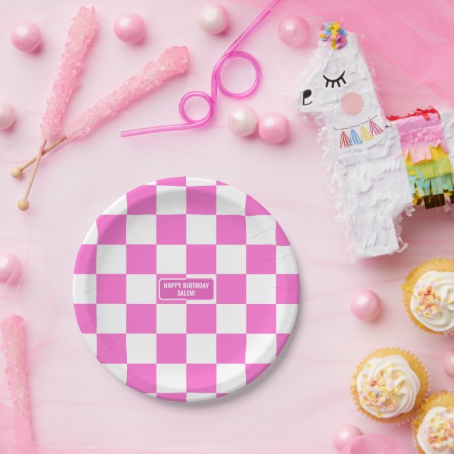 Personalized Chequered Neon Pink Highlighter Paper Plate (Party)