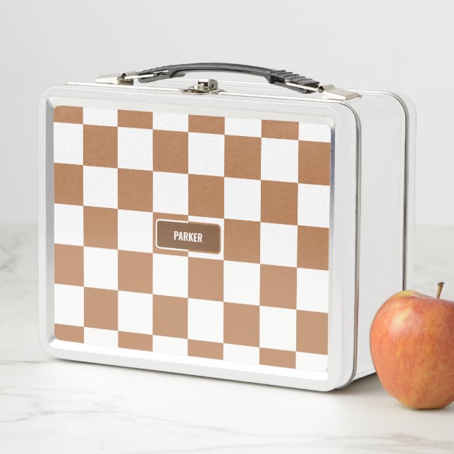 Personalized Chequered Neutral Cognac Camel Metal Lunch Box (In Situ)