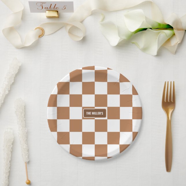 Personalized Chequered Neutral Cognac Camel Paper Plate (Wedding)