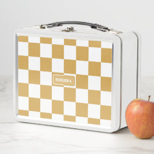 Personalized Chequered Neutral Gold Dust Yellow Metal Lunch Box