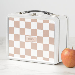 Personalized Chequered Neutral Rose Blush Pink Met Metal Lunch Box