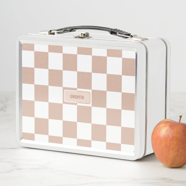 Personalized Chequered Neutral Rose Blush Pink Met Metal Lunch Box (In Situ)