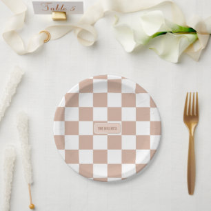 Personalized Chequered Neutral Rose Blush Pink Paper Plate