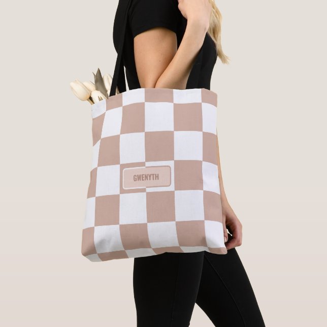 Personalized Chequered Neutral Rose Blush Pink Tote Bag (Close Up)